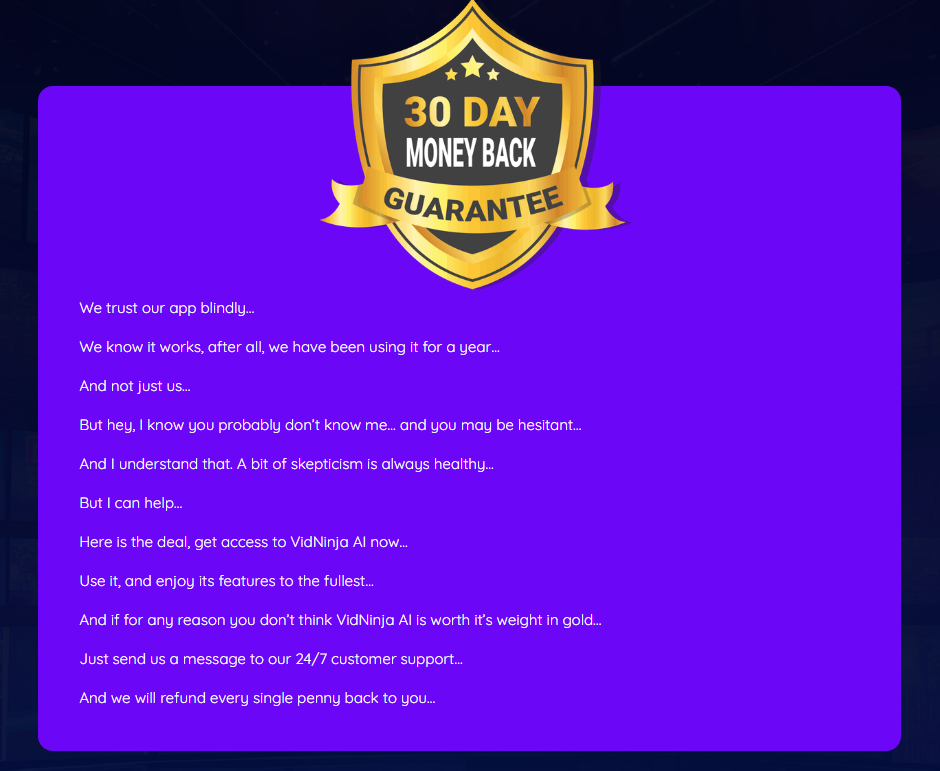 Money Back Guarantee – VidNinja AI App Review
